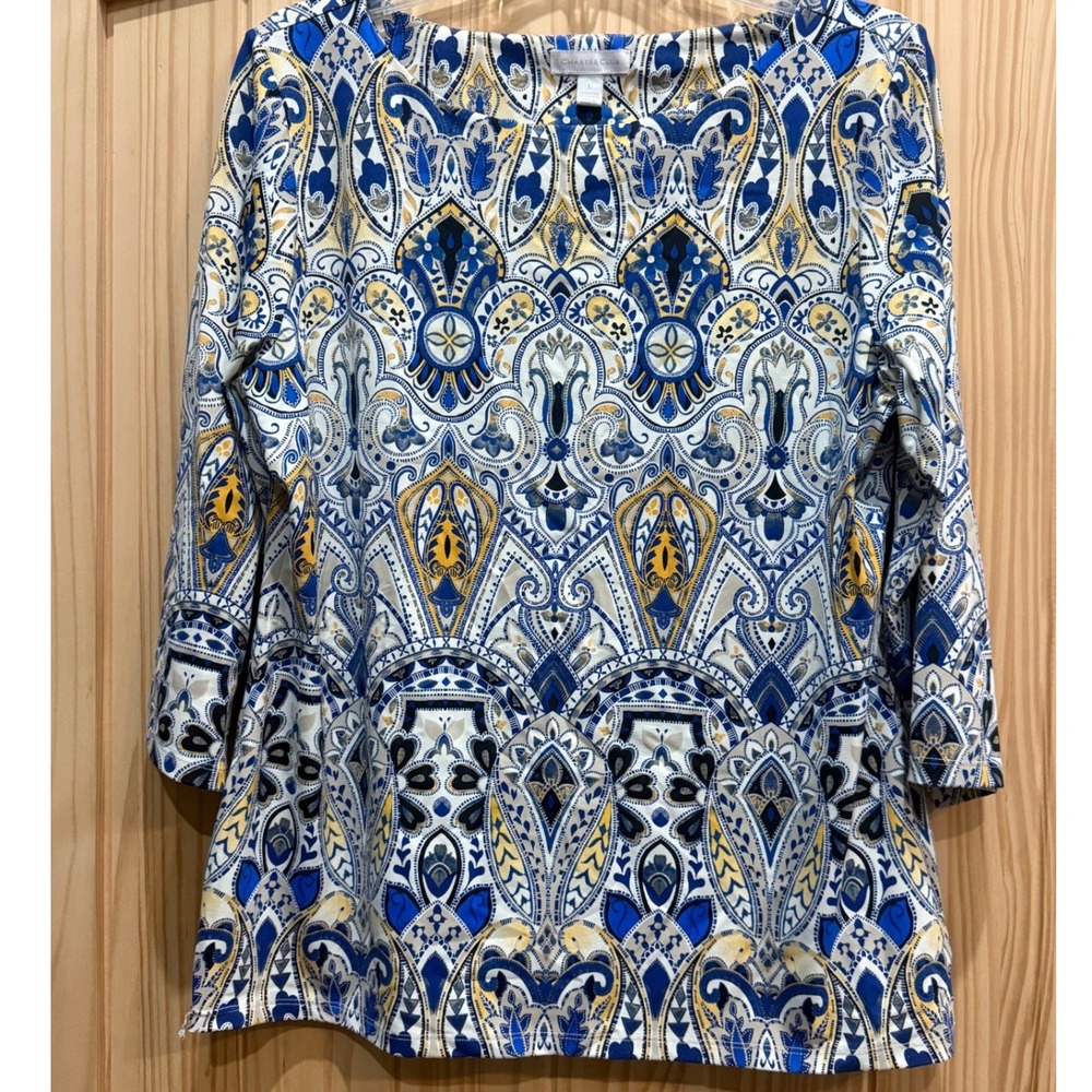 Charter Club Womens Blue Yellow Paisley Boat Neck 3/4 Sleeve Top Large